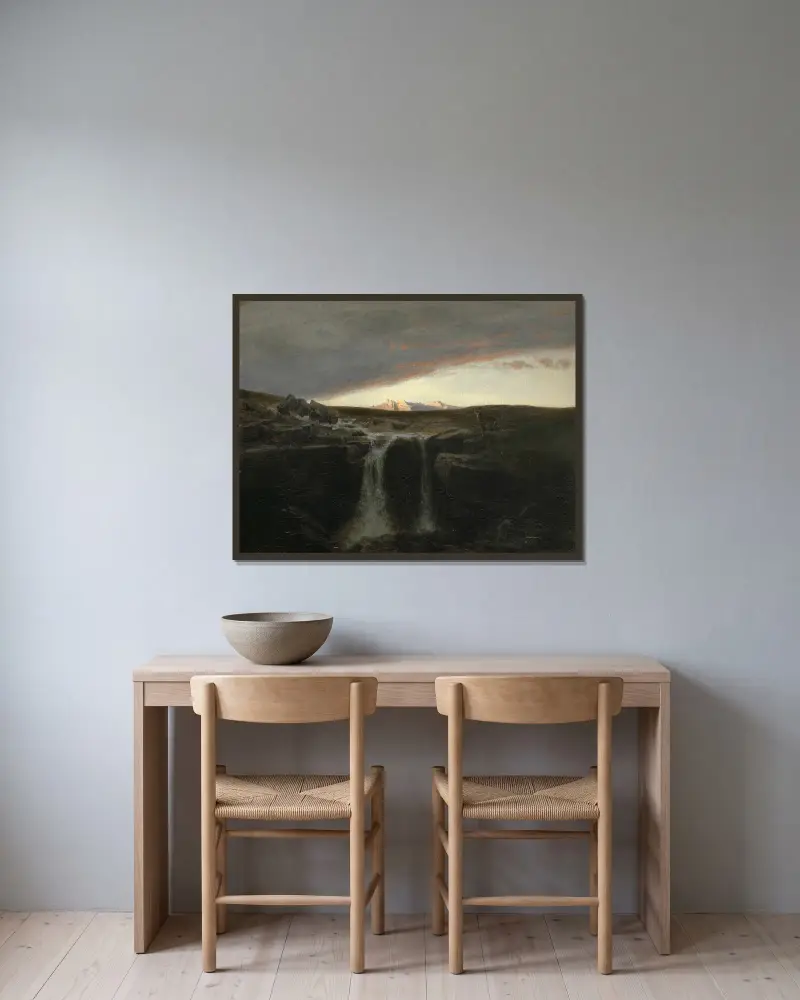 Horská krajina s vodopádem, Arnold Böcklin v rámu na stěně