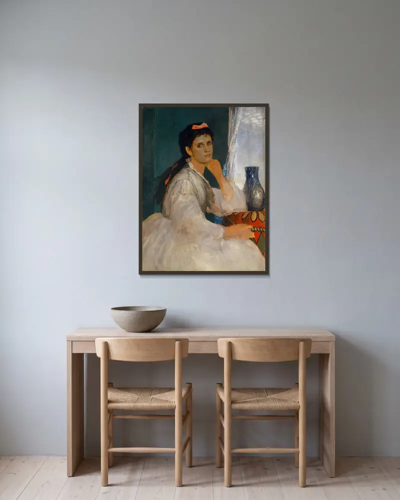 Porträtt av Clara Böcklin, konstnärens äldsta dotter av Arnold Böcklin inramad på en vägg