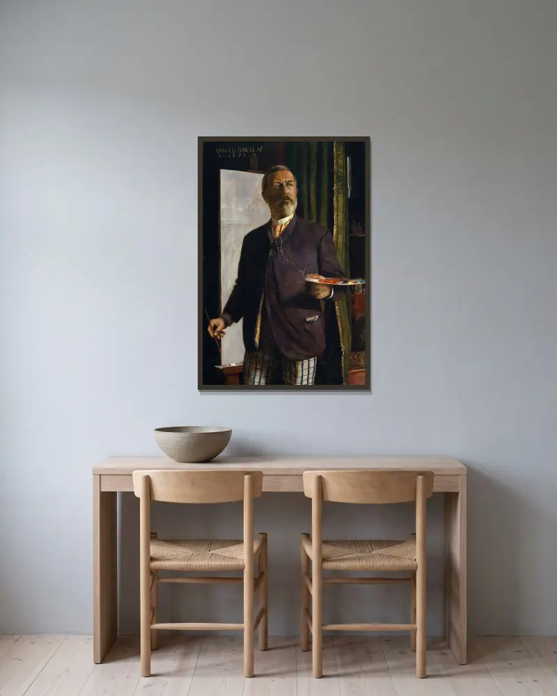 Self-Portrait in the Studio av Arnold Böcklin inramad på en vägg