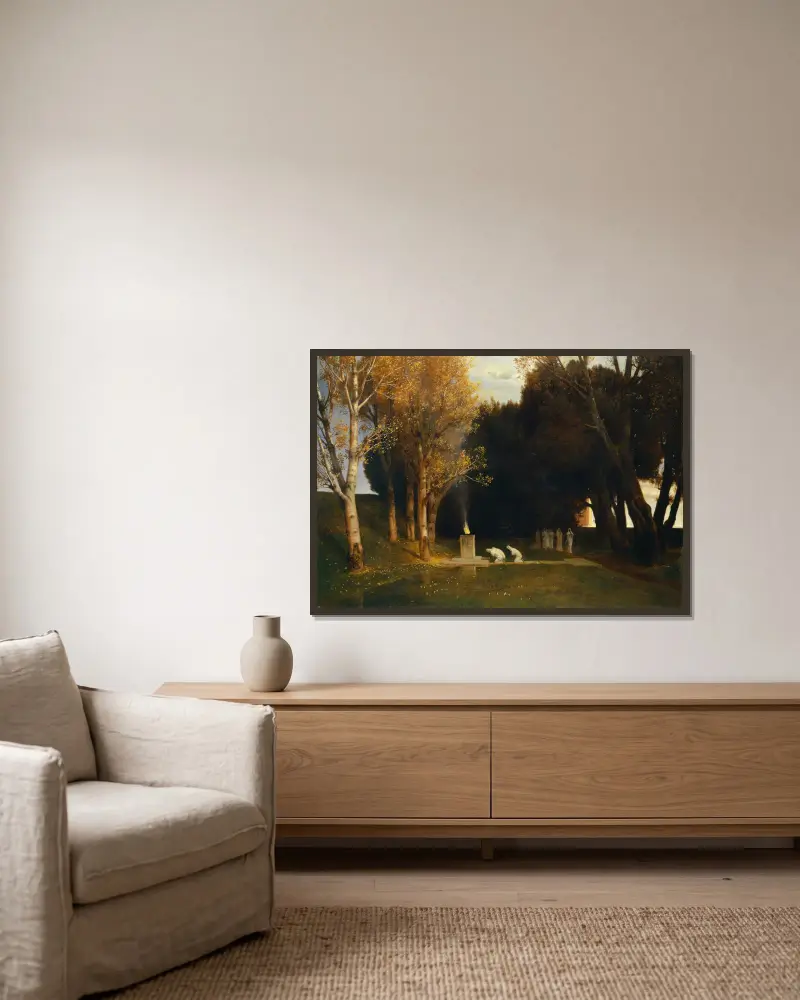 Der heilige Hain von Arnold Böcklin gerahmt an einer Wand