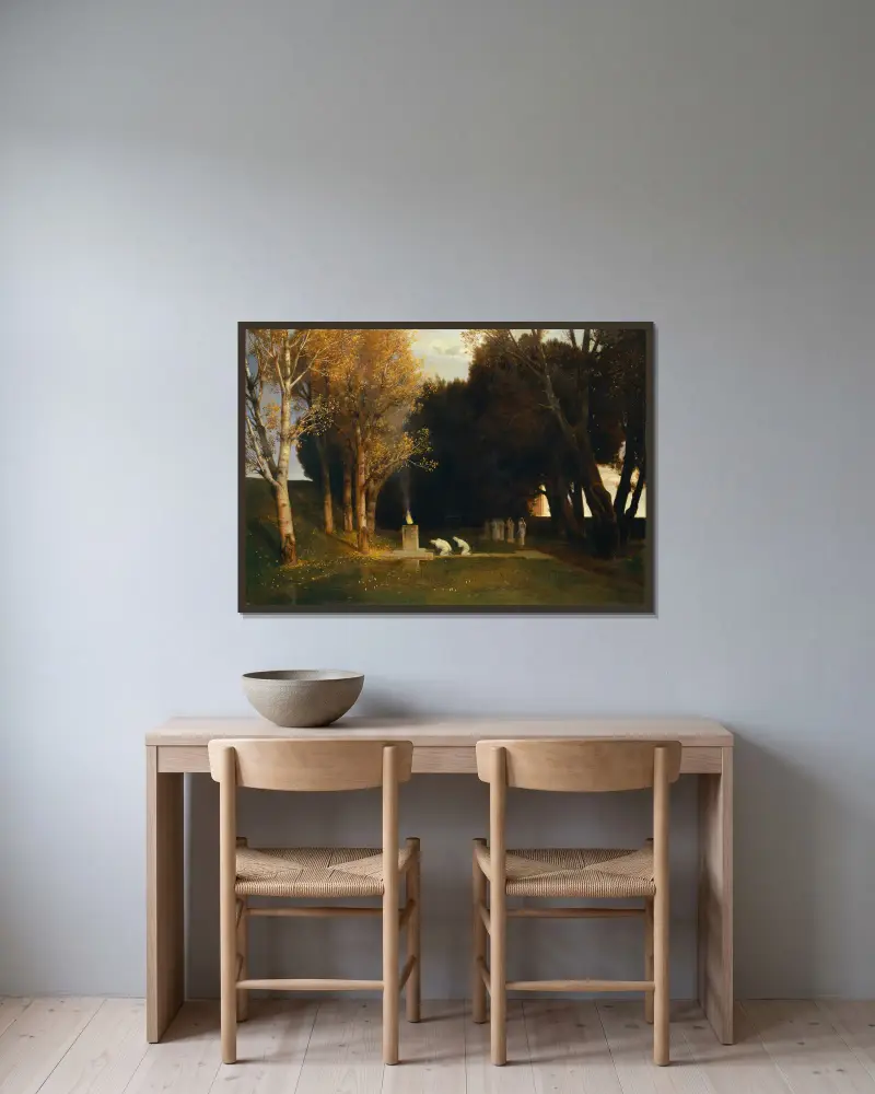 Der heilige Hain von Arnold Böcklin gerahmt an einer Wand