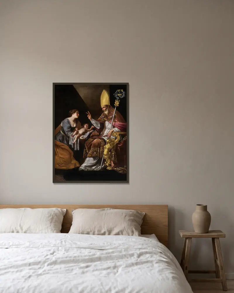 En kvinna som visar sitt barn för den helige Blasius av Artemisia Gentileschi inramad på en vägg