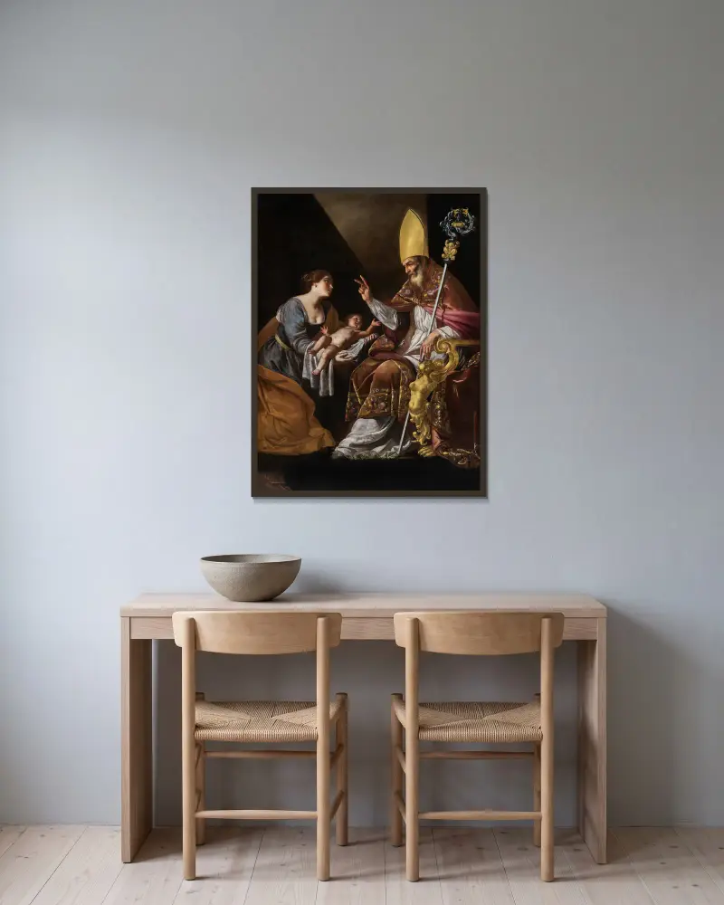 En kvinna som visar sitt barn för den helige Blasius av Artemisia Gentileschi inramad på en vägg