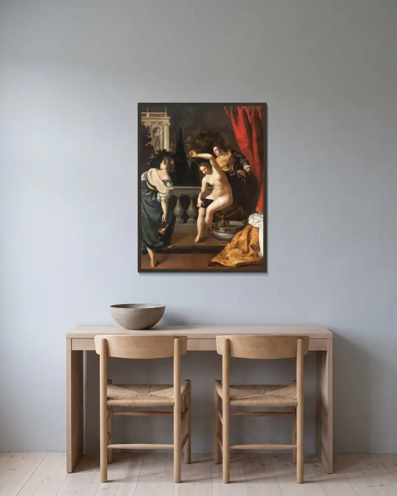 Betsabea Al Bagno av Artemisia Gentileschi inramad på en vägg