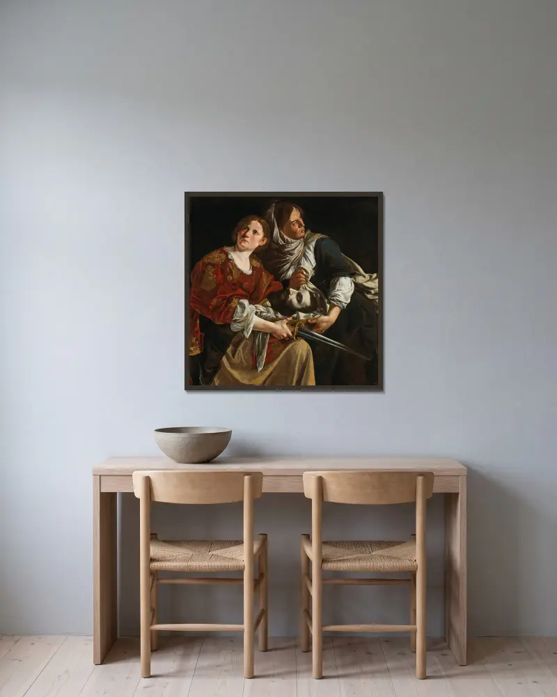 Judith und ihre Magd mit dem Haupt des Holofernes – Nr. 1 von Artemisia Gentileschi gerahmt an einer Wand