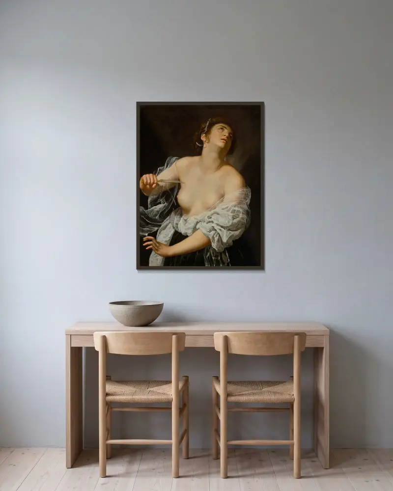 Lucretia, 1627 av Artemisia Gentileschi inramad på en vägg