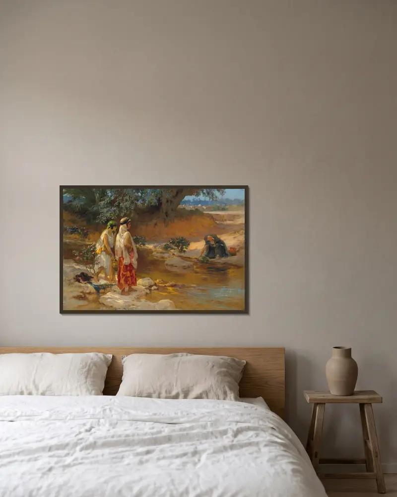 Am Ufer des Wadi von Frederick Arthur Bridgman gerahmt an einer Wand