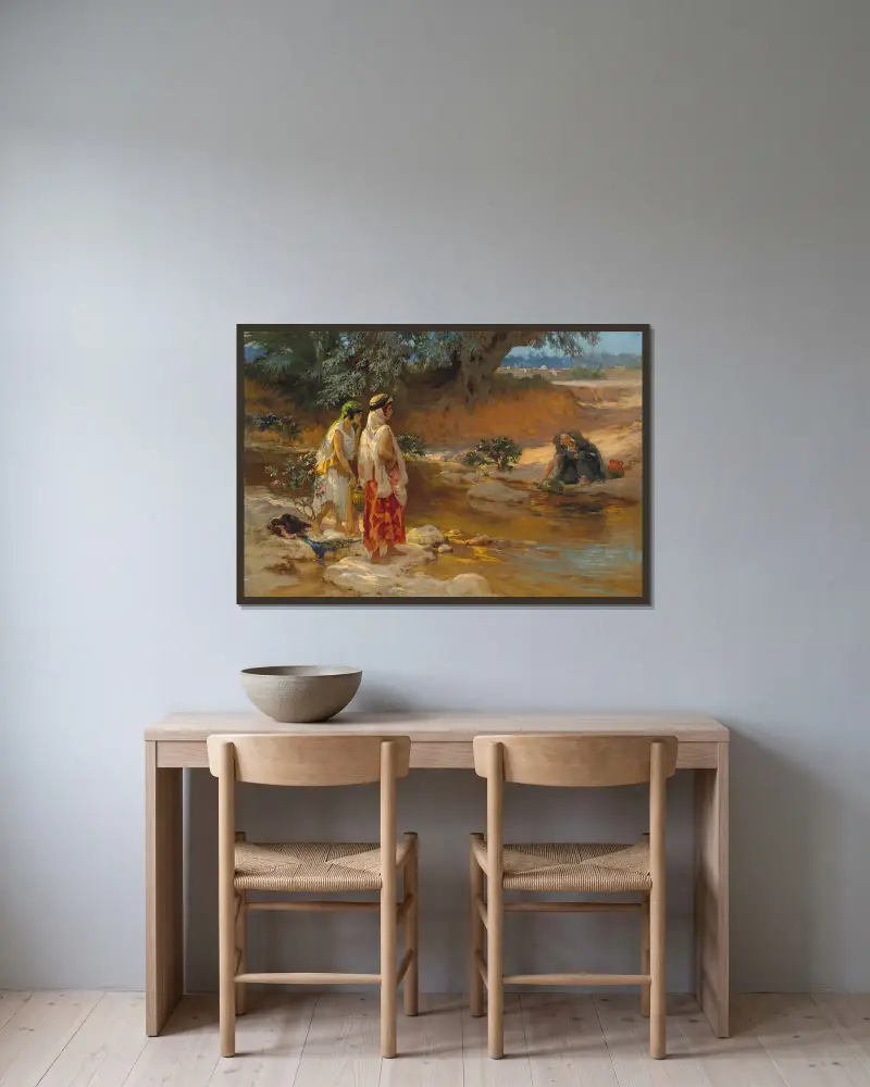 Am Ufer des Wadi von Frederick Arthur Bridgman gerahmt an einer Wand