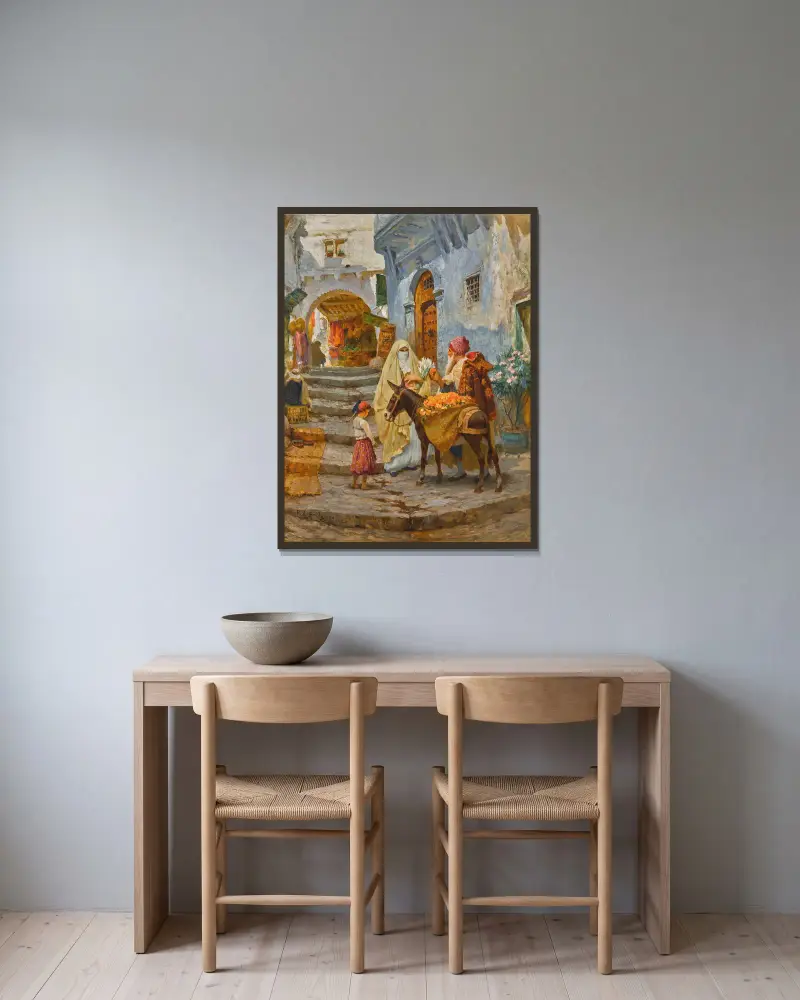 The orange seller av Frederick Arthur Bridgman inramad på en vägg