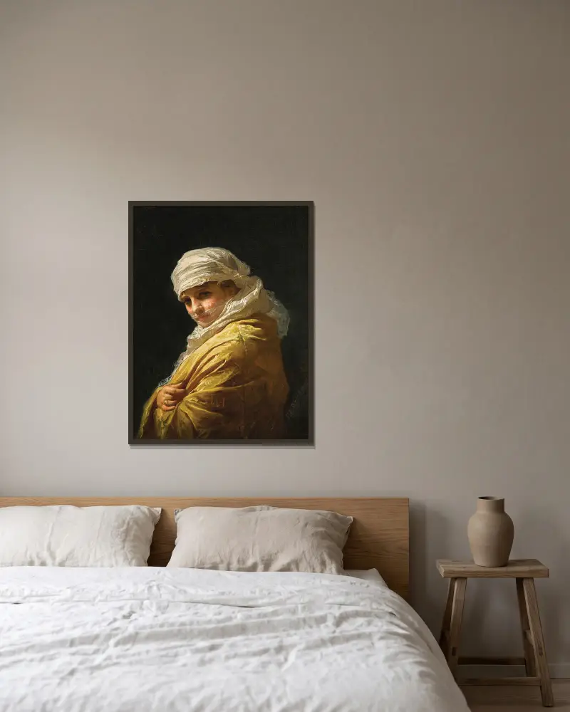 Ung kvinna i vit turban av Frederick Arthur Bridgman inramad på en vägg