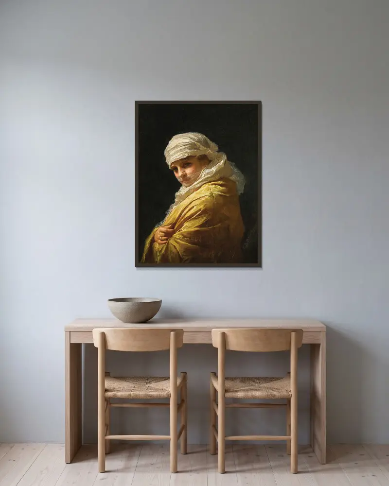Ung kvinna i vit turban av Frederick Arthur Bridgman inramad på en vägg