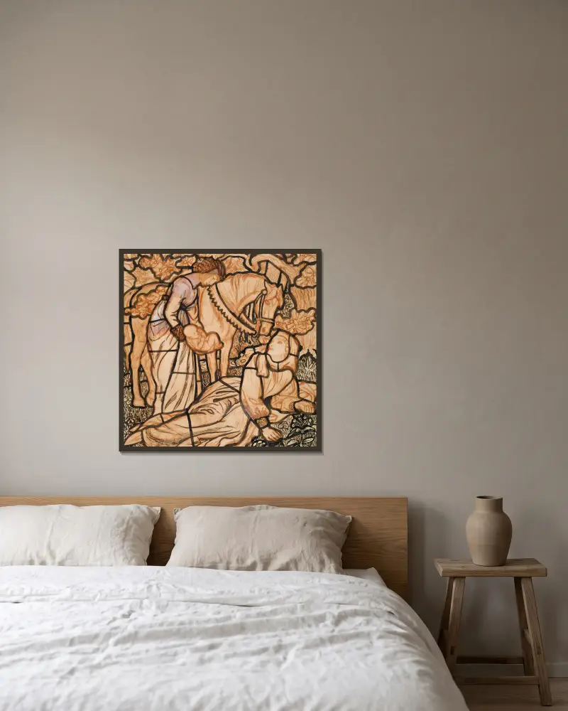 Die Geburt Tristrams von Arthur Hughes gerahmt an einer Wand