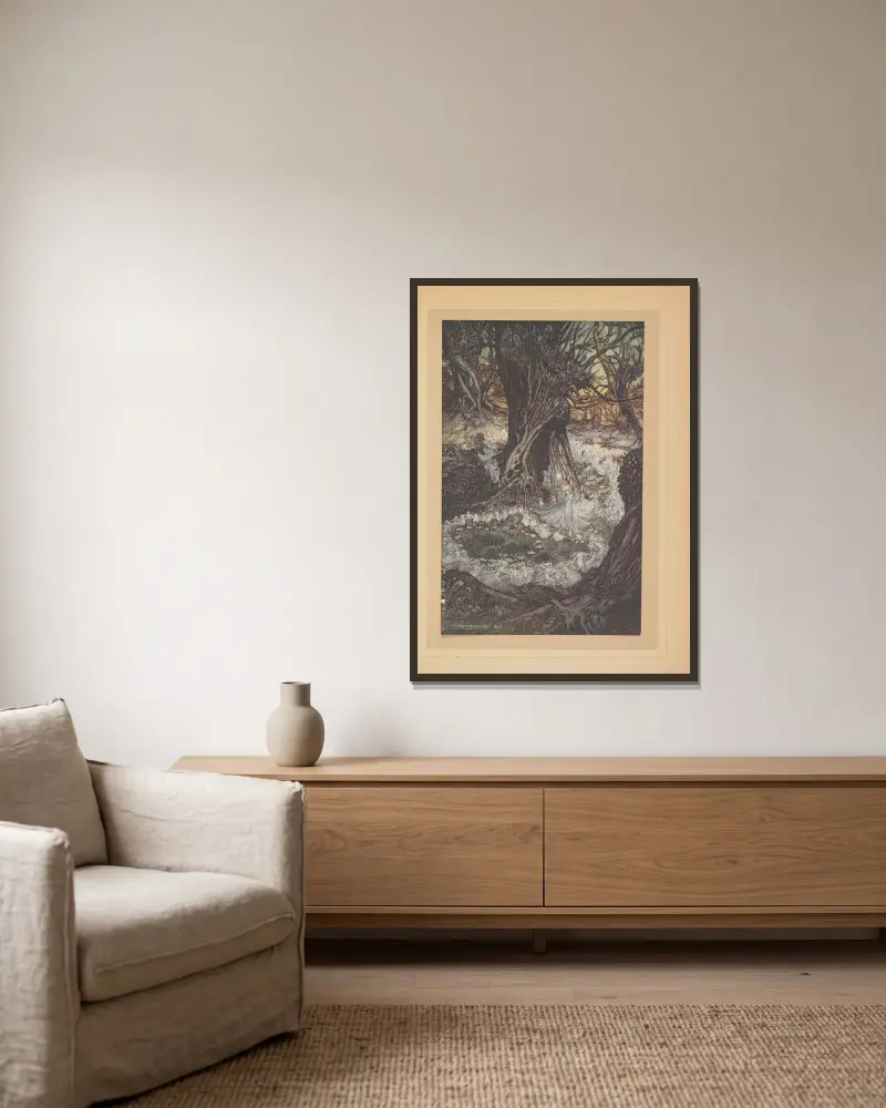 Allons, maintenent une ronde av Arthur Rackham inramad på en vägg