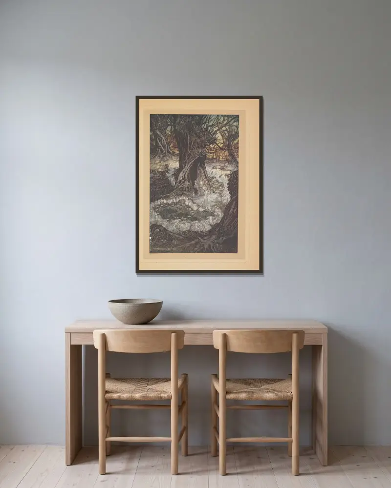 Allons, maintenent une ronde av Arthur Rackham inramad på en vägg