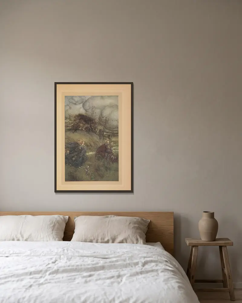 Doch nun können sie nicht mehr in einem Hain oder auf einer Wiese, am Rand einer klaren Quelle oder unter dem flackernden Licht der Sterne zusammenkommen, ohne sich zu streiten von Arthur Rackham gerahmt an einer Wand