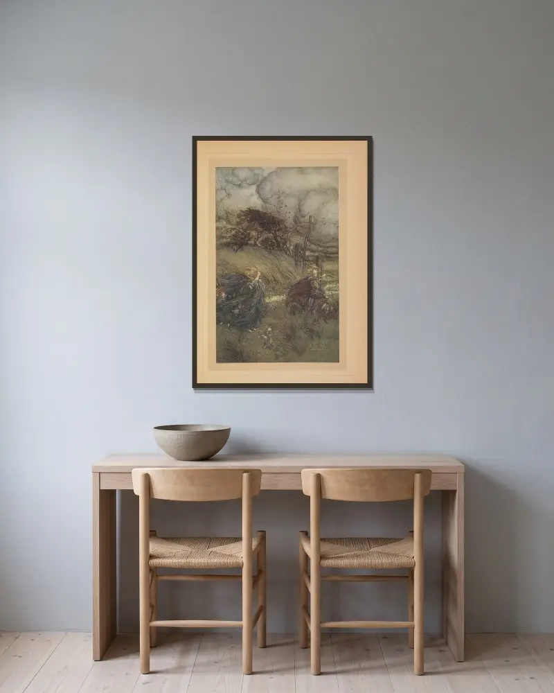 Doch nun können sie nicht mehr in einem Hain oder auf einer Wiese, am Rand einer klaren Quelle oder unter dem flackernden Licht der Sterne zusammenkommen, ohne sich zu streiten von Arthur Rackham gerahmt an einer Wand