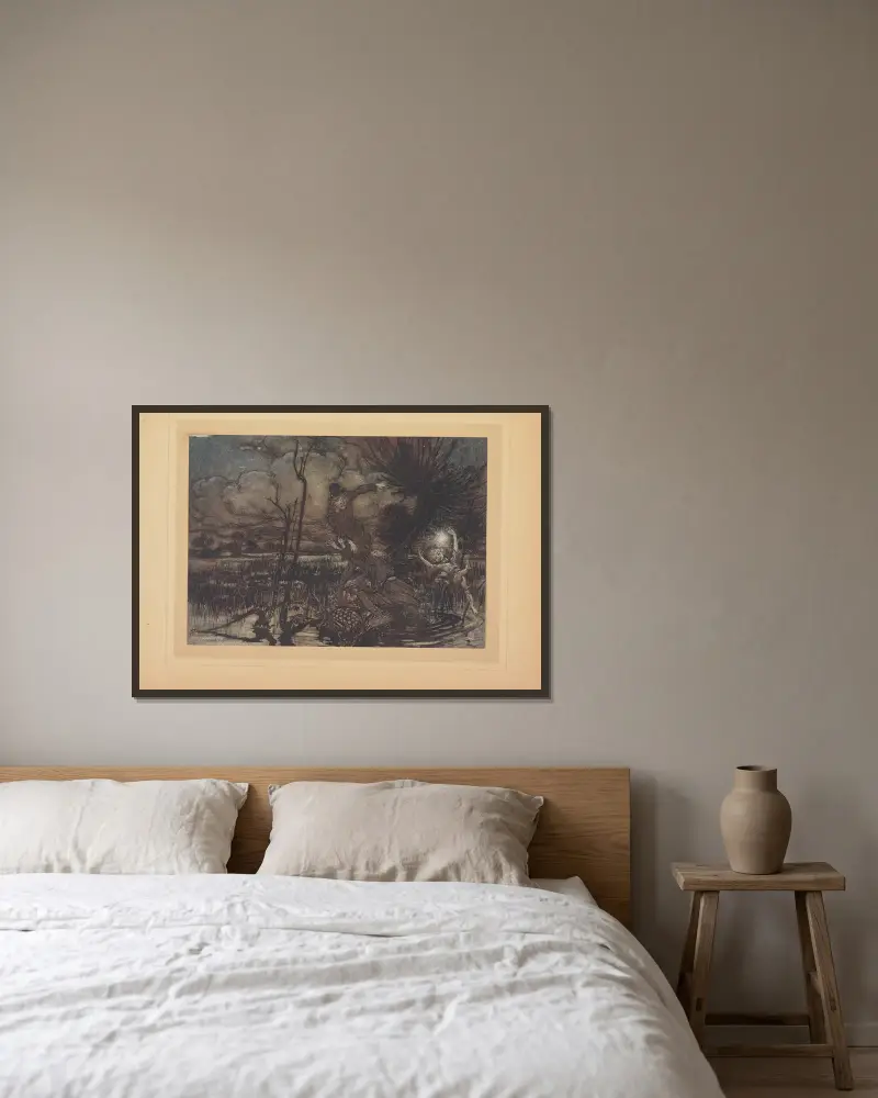 Derjenige, der die nächtlichen Wanderer irreführt und über ihre Missgeschicke lacht von Arthur Rackham gerahmt an einer Wand