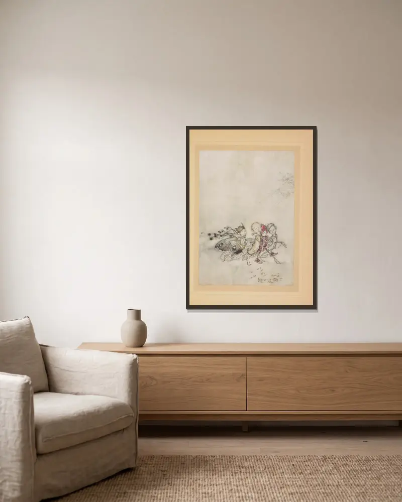 Entrent Fleur des Pois, Toile d’Araignée, Phalène et Graine de Moutarde av Arthur Rackham inramad på en vägg