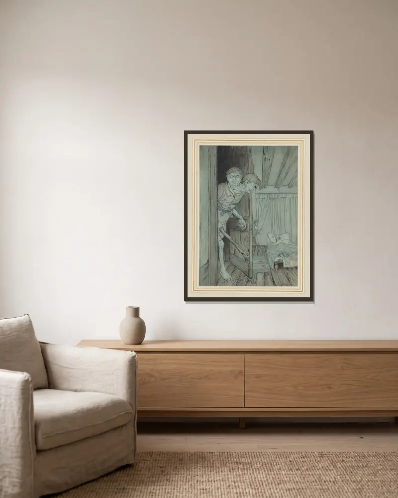 Jack the Giant Killer im Schloss des walisischen Riesen von Arthur Rackham gerahmt an einer Wand