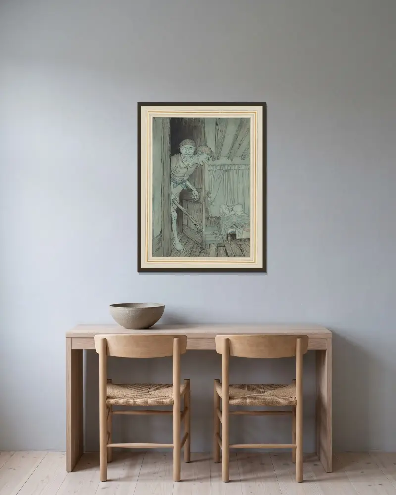 Jack the Giant Killer im Schloss des walisischen Riesen von Arthur Rackham gerahmt an einer Wand
