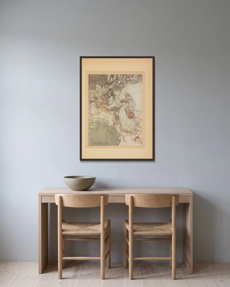 Das süßeste kleine Schätzchen, das sie je besaß von Arthur Rackham gerahmt an einer Wand