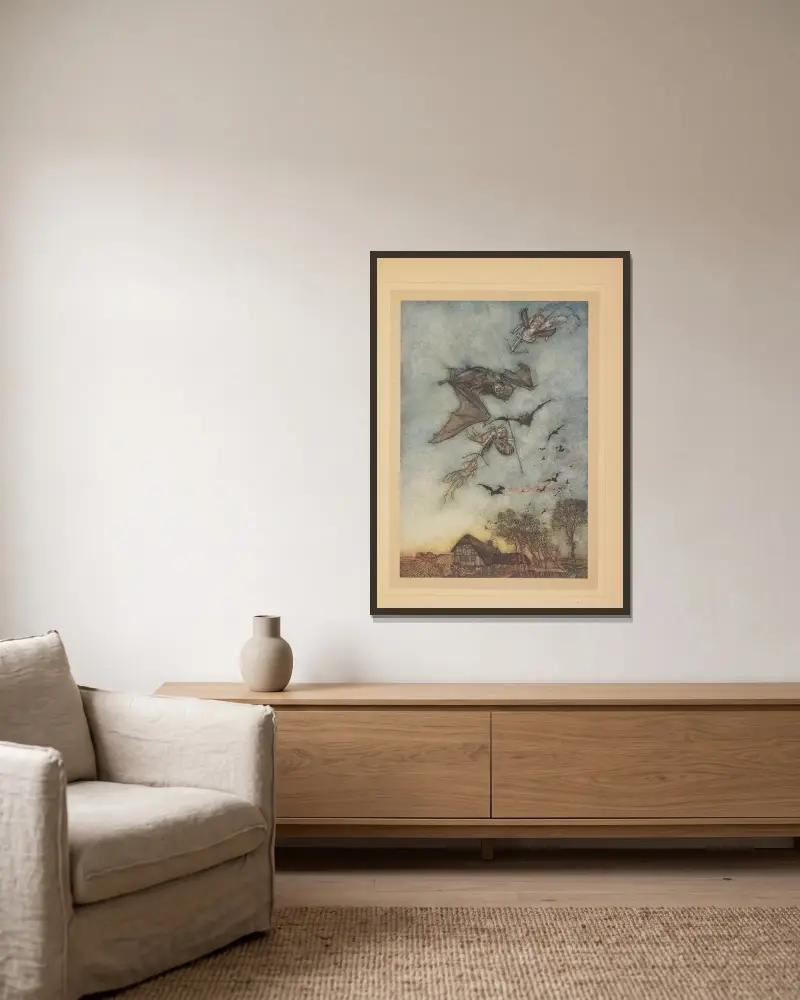 Die anderen werden Krieg gegen die Fledermäuse führen und ihnen das Leder von ihren Flügeln nehmen von Arthur Rackham gerahmt an einer Wand