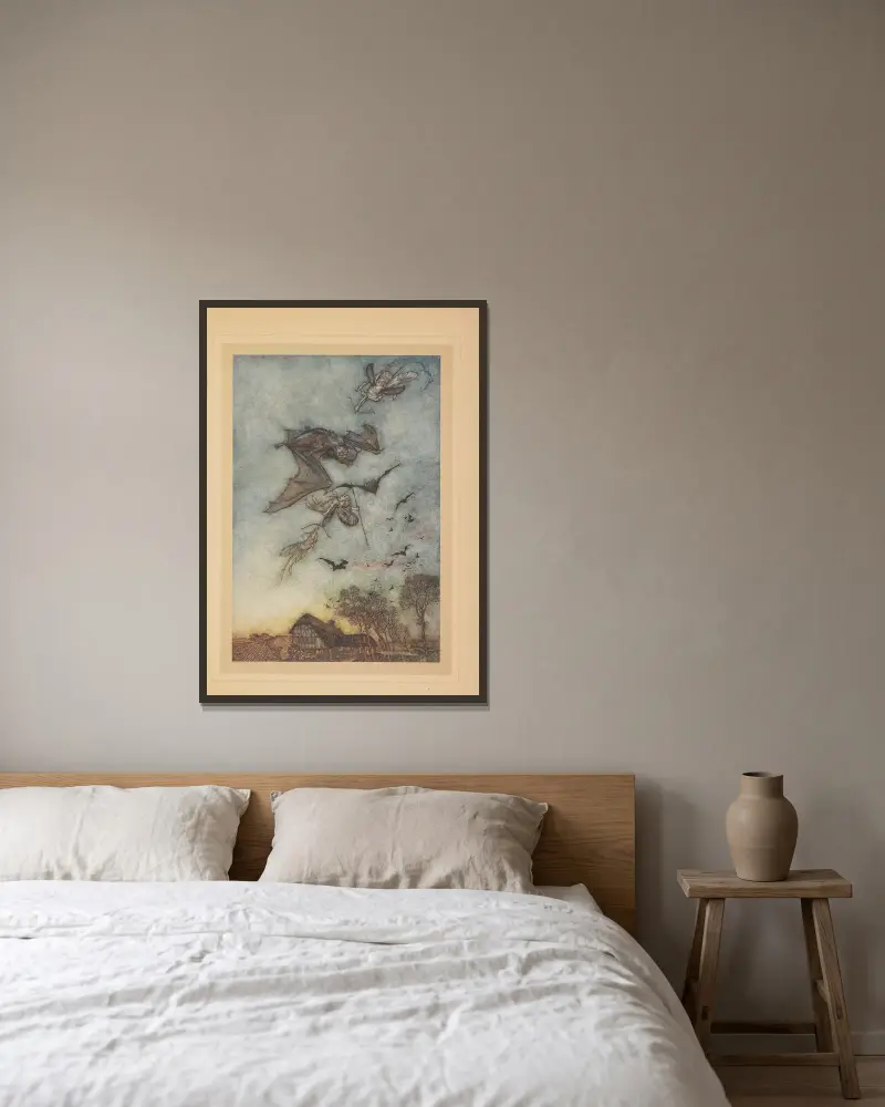 Die anderen werden Krieg gegen die Fledermäuse führen und ihnen das Leder von ihren Flügeln nehmen von Arthur Rackham gerahmt an einer Wand