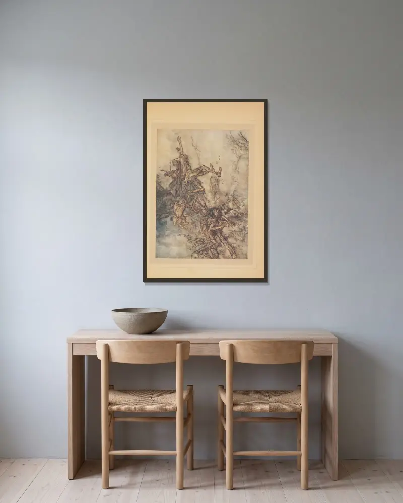 Oh! monstrueux! Oh! étrange! nous sommes ensorcelés! Recitons nos prières, messieurs; fuyons, messieurs. Au secours! av Arthur Rackham inramad på en vägg