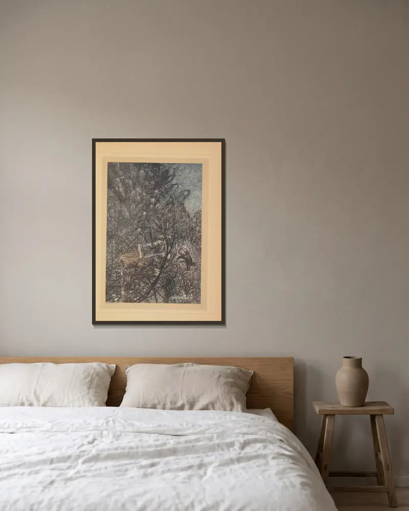 Par monts et par vaux… Lutin, mène-les par monts et par vaux av Arthur Rackham inramad på en vägg