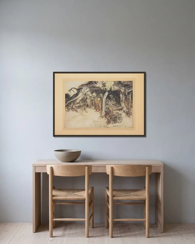För att sy kläder åt mina små alver av Arthur Rackham inramad på en vägg