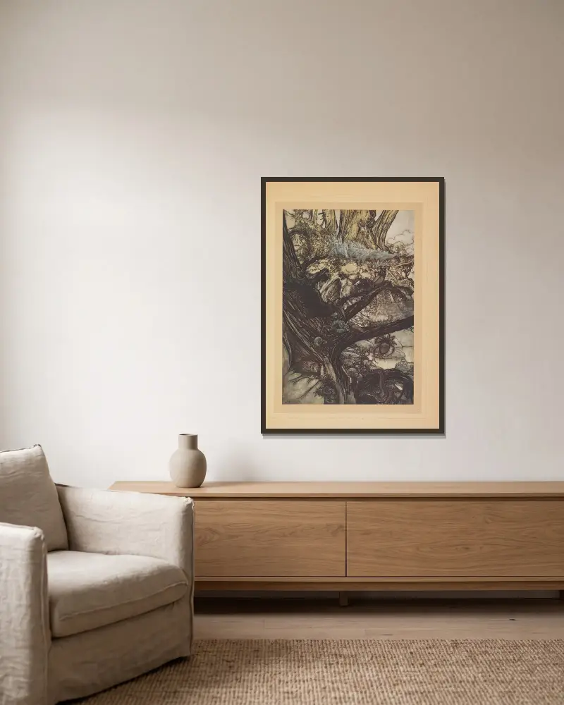 Må aldrig olycka, förbannelse eller trolldom nalkas vår älskvärda drottning av Arthur Rackham inramad på en vägg
