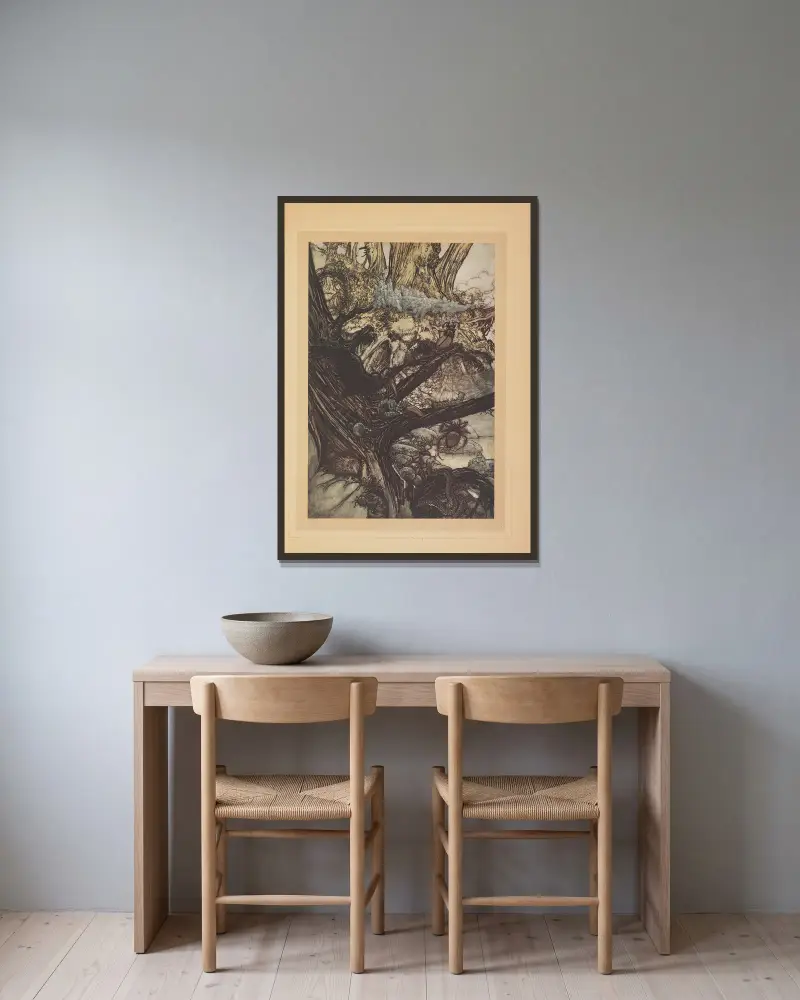 Må aldrig olycka, förbannelse eller trolldom nalkas vår älskvärda drottning av Arthur Rackham inramad på en vägg