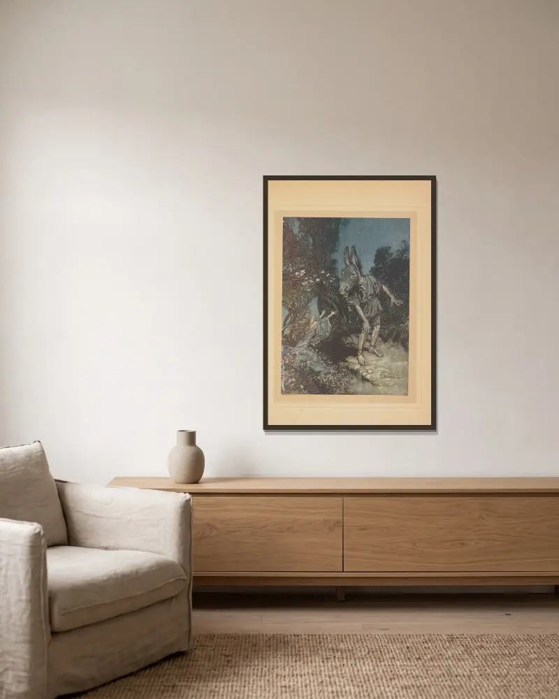Welcher Engel weckt mich auf meinem Blumenbett von Arthur Rackham gerahmt an einer Wand