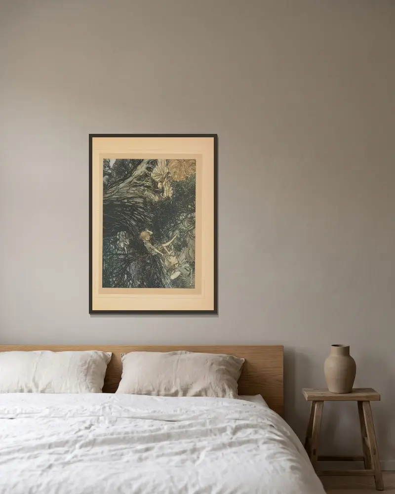 Auf der Erde, schlaf tief, auf deine Augen werde ich, sanfter Liebhaber, das Heilmittel auftragen von Arthur Rackham gerahmt an einer Wand