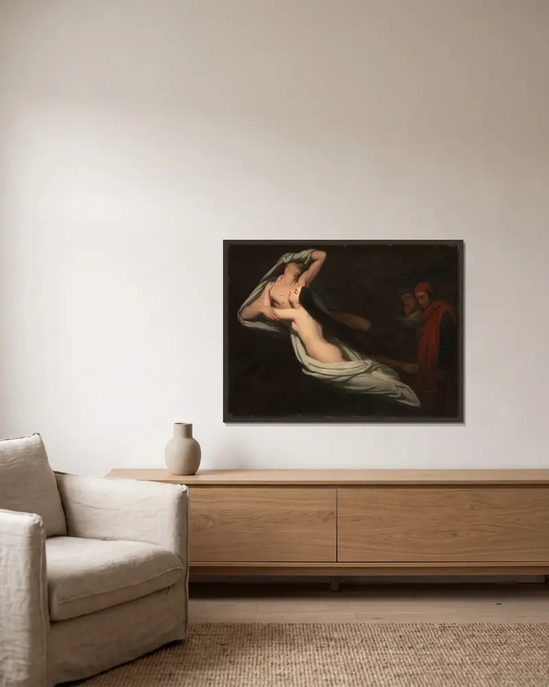 Dante and Virgil Meeting The Shades of Francesca Da Rimini and Paolo av Ary Scheffer inramad på en vägg