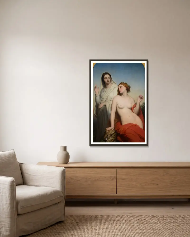 Himmlische und irdische Liebe von Ary Scheffer gerahmt an einer Wand