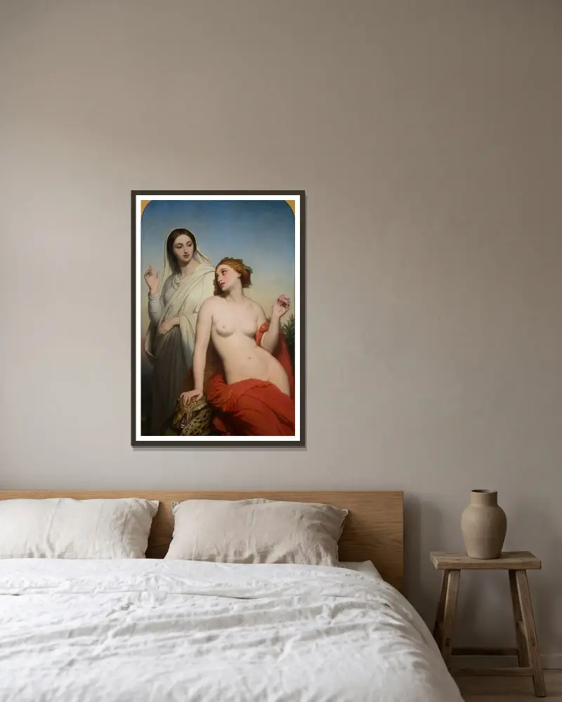 Himmlische und irdische Liebe von Ary Scheffer gerahmt an einer Wand