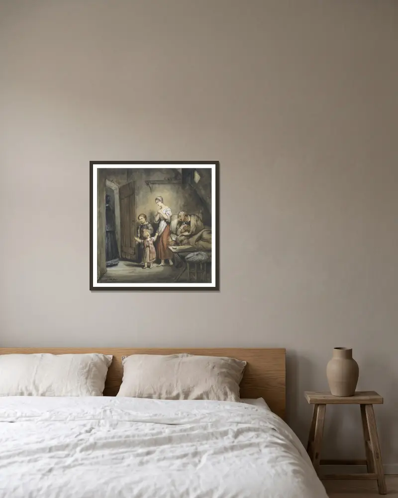 Sjuk man i säng med en kvinna och två barn bredvid av Ary Scheffer inramad på en vägg