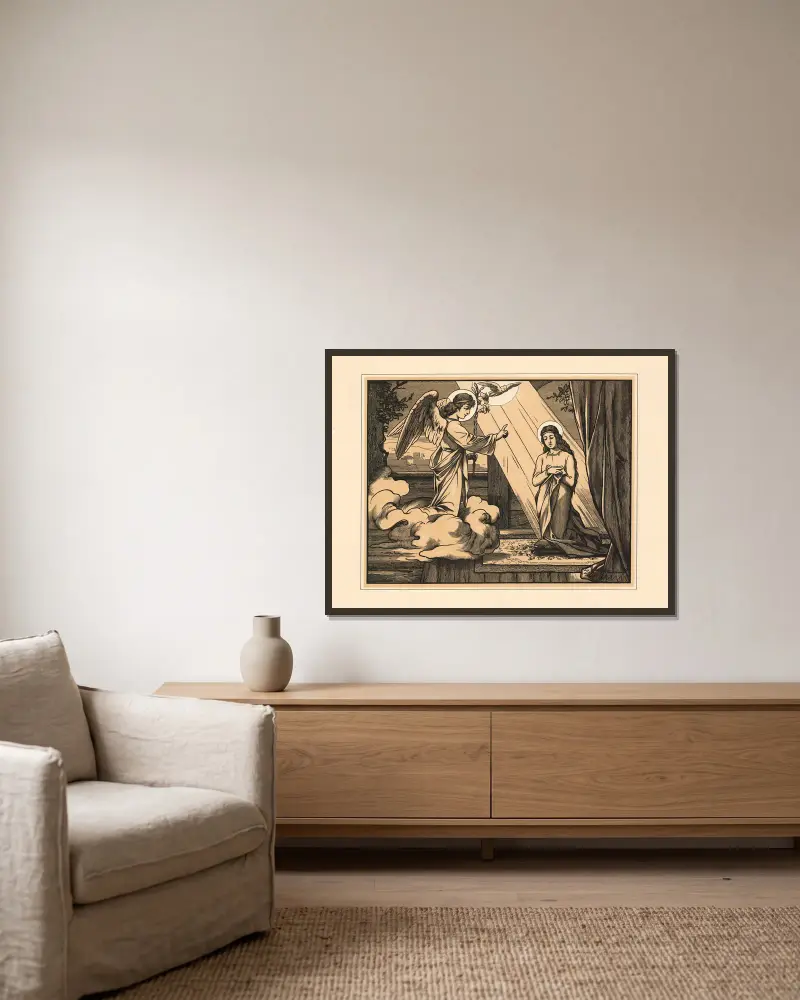 Annunciation av Aschendorff inramad på en vägg