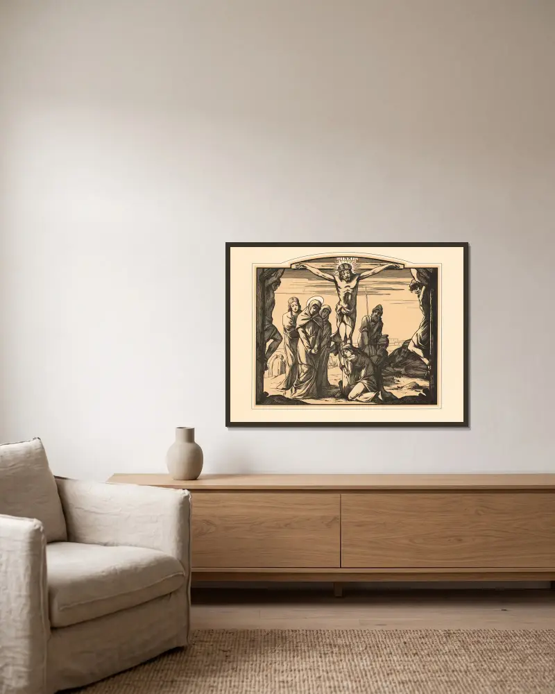 The Crucifixion av Aschendorff inramad på en vägg