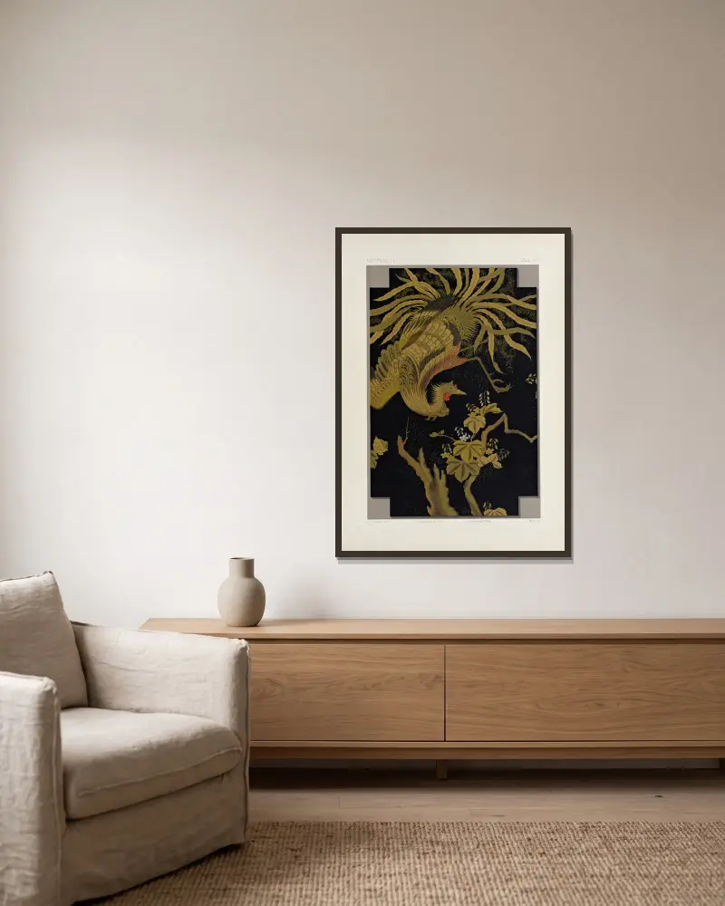 Die ornamentalen Künste Japans, Tafel 50 von George Ashdown Audsley gerahmt an einer Wand