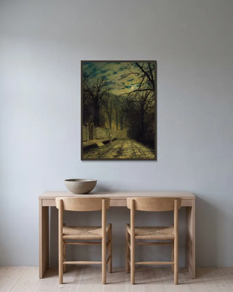 Měsícem osvětlená ulice, John Atkinson Grimshaw v rámu na stěně