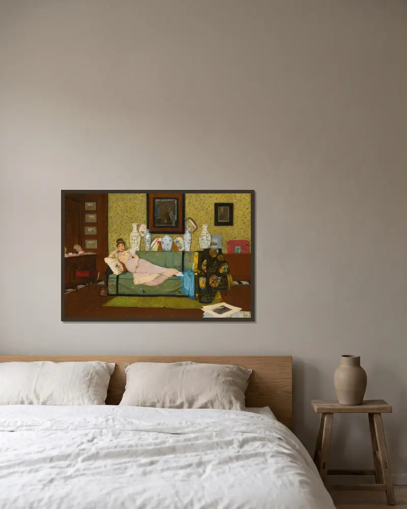 En dagdröm, i konstnärens hus av John Atkinson Grimshaw inramad på en vägg