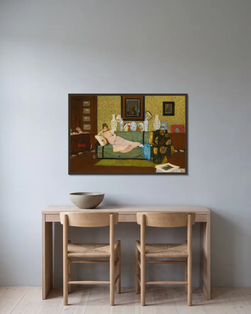 En dagdröm, i konstnärens hus av John Atkinson Grimshaw inramad på en vägg