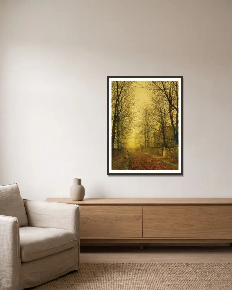 I höstens gyllene skimmer av John Atkinson Grimshaw inramad på en vägg