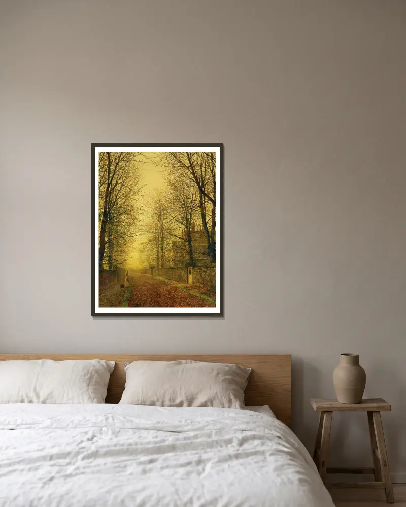 I höstens gyllene skimmer av John Atkinson Grimshaw inramad på en vägg