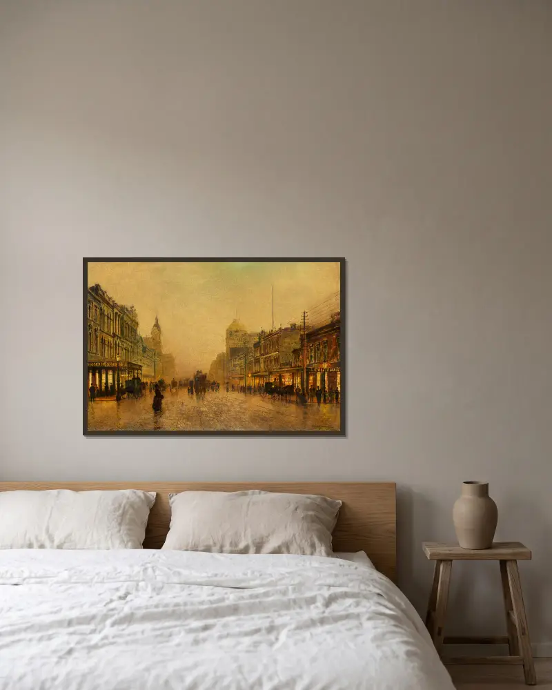 Swanston Street, Melbourne av John Atkinson Grimshaw inramad på en vägg