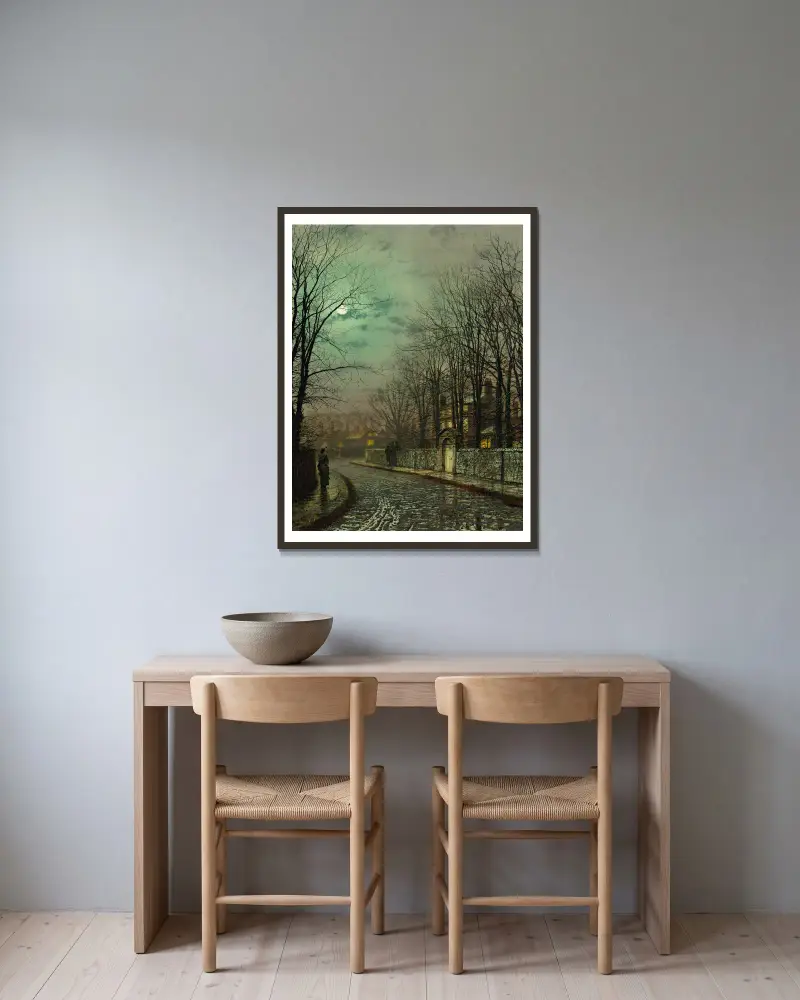 The Tryst av John Atkinson Grimshaw inramad på en vägg