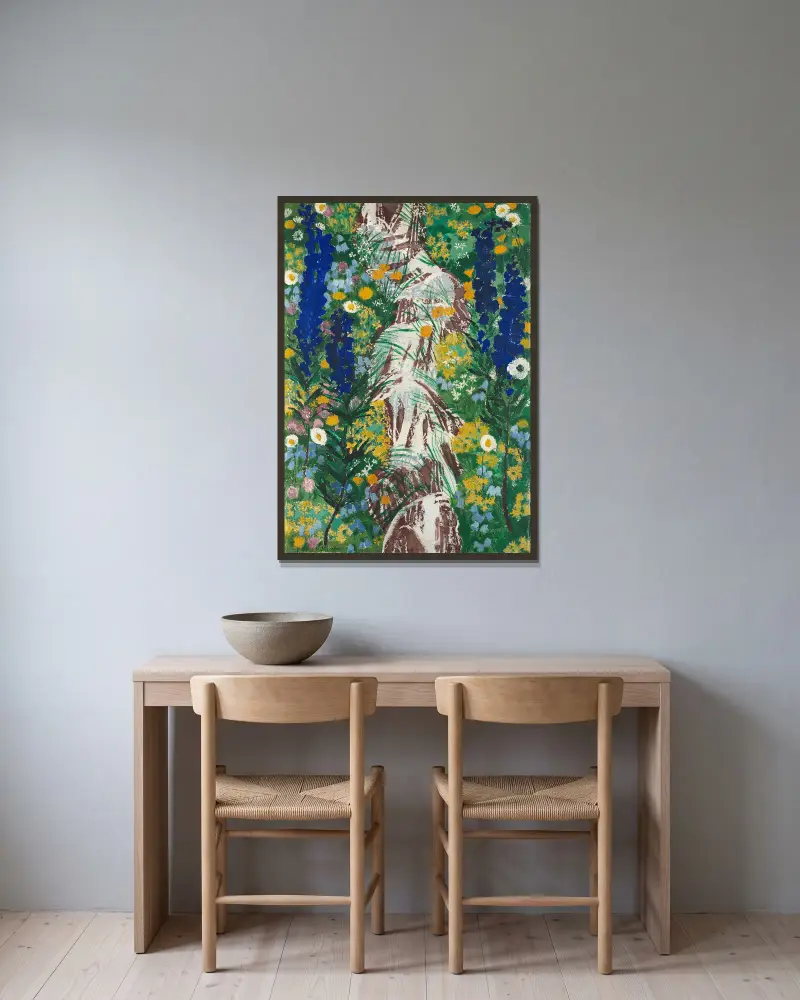 Blommor vid bäcken av August Babberger inramad på en vägg