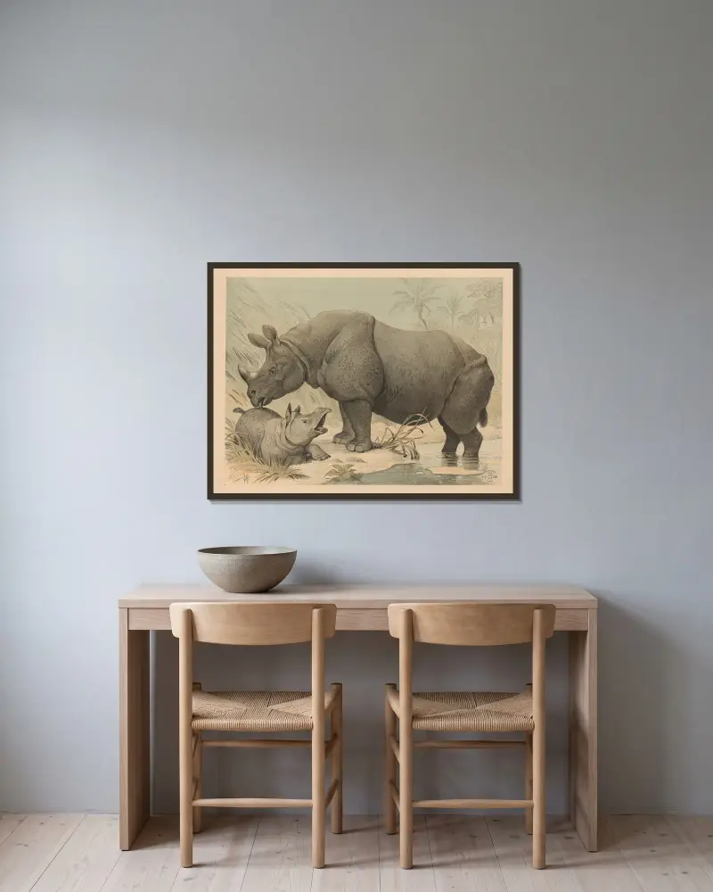 Nashorn von Oluf August Hermansen gerahmt an einer Wand